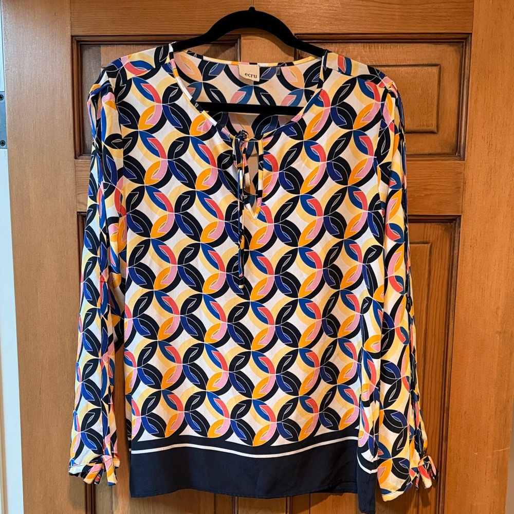 ecru Geometric Print Long-Sleeve Blouse in Navy, Yellow & Pink